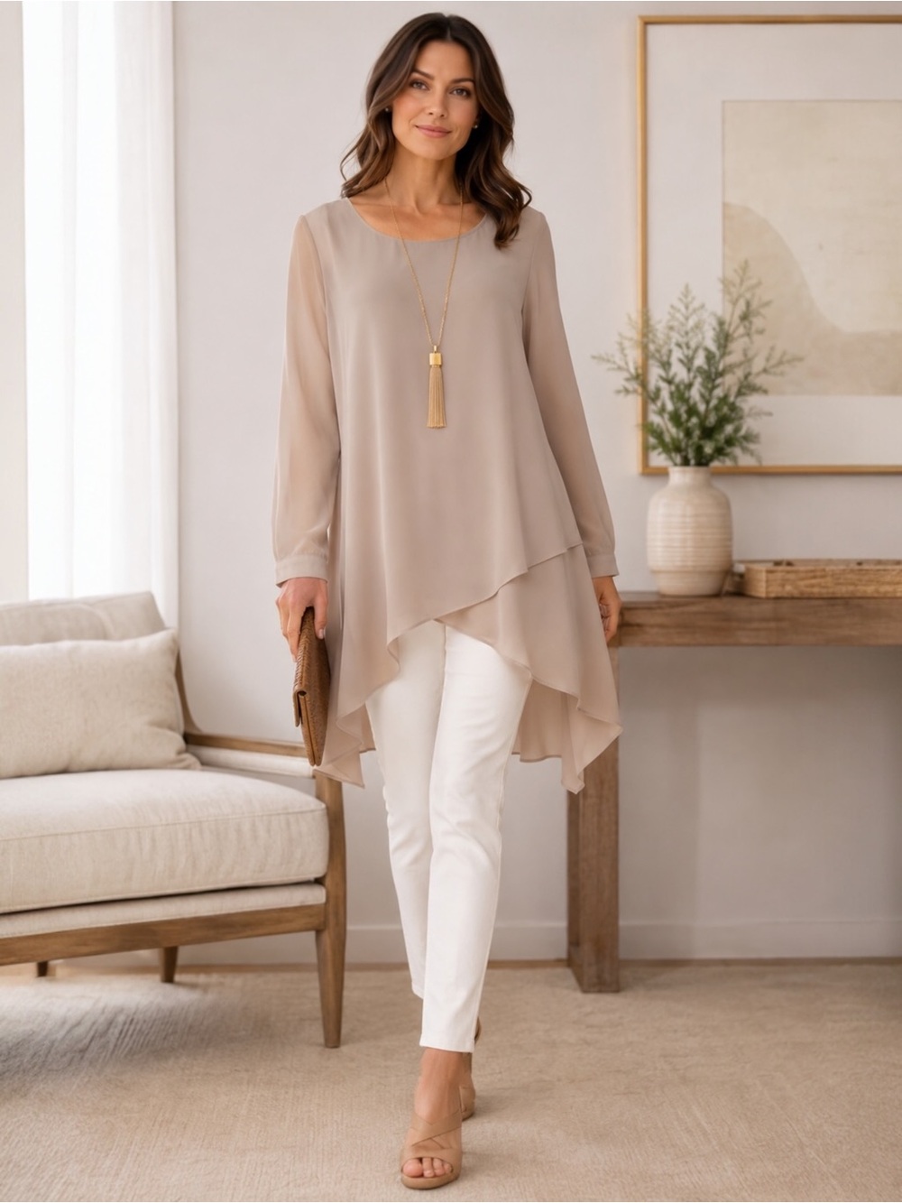 Soft Surroundings Celine Long Sleeve Tunic Taupe Asymmetrical Hem NWT Small